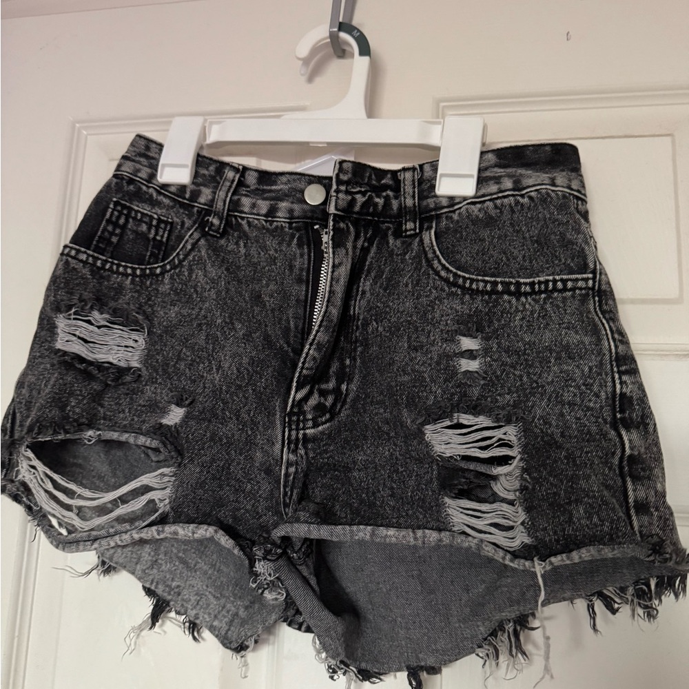 Distressed Black Denim Shorts